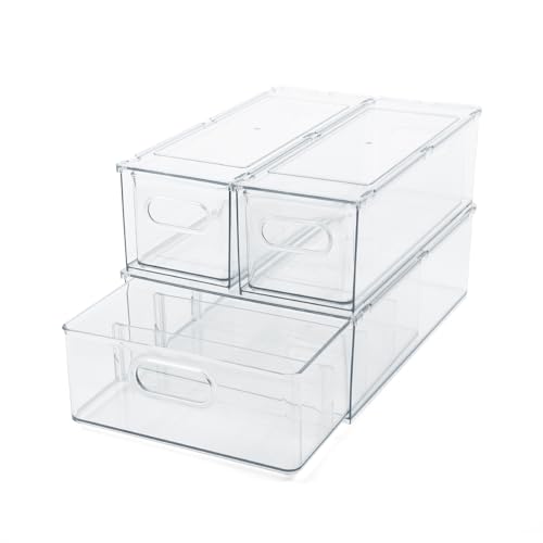 Tidy Tools Clear Refrigerator Organizer Bins For Pantry Organization and Food Storage, Stackable Plastic Storage Bin With Pull-Out Drawer – Kitchen Containers, 3 Pack