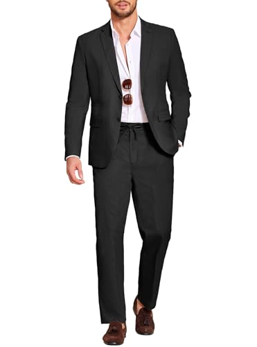 COOFANDY Men's 2 Piece Linen Suits Set Regular Fit Casual Lightweight Blazer Jacket and Pants Black