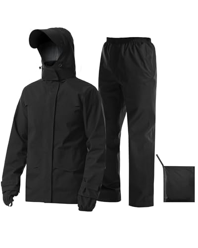 iCreek Rain Suit Waterproof Jacket with Pants 2 Pieces Breathable Lightweight Packable Raincoat with Hooded Rain Gear Unisex（L, Black）