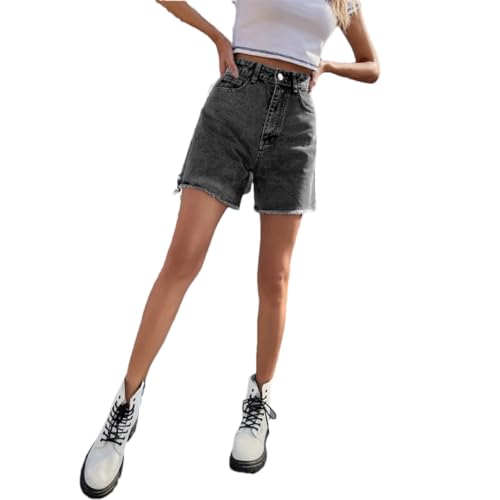 Women Sexy Irregular Denim Shorts Street Ripped Vintage Buttons Zipper Hotpants Dark Gray 1 S
