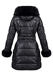 RISISSIDA Puffer Jacket Women Winter Down Faux Fur Lined Puffy Coat with Long Collar Hood, Thicken Quilted Warm Leather Bubble Overcoat Black X-L