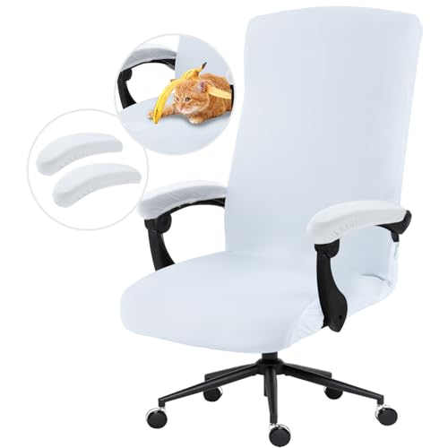 Stretch Computer Office Chair Cover with Armrest Covers Durable Zipper Universal Washable Removable Spandex Rotating Boss Chair Slipcovers Anti-dust Soft Desk Chair Seat Protector, White