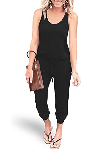 PRETTYGARDEN Women's Casual Tank Jumpsuits Sleeveless Drawstring Elastic Waist Loose Summer Romper (Black,Small)