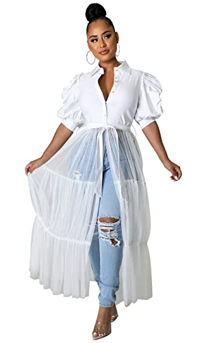 Ekaliy Women Sexy Short Sleeve Bodycon High Low Asymmetrical Ruffle Tunics Blouse Shirt Top Dress XL White