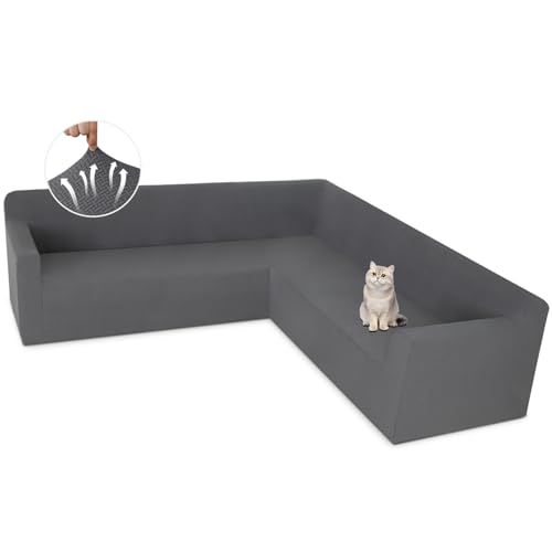 ALIECOM Stretch Corner Sectional Couch Covers L Shape Sofa Covers Washable Sectional Slipcovers U Shape Jacquard Living Room Pet Dogs Furniture Protector with Elastic Bottom (Medium Gray, Large)