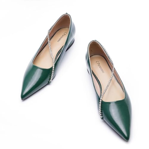 C.Paravano Crystal Chain Flat Shoes Pointed Toe Flats Comfortable Party Dressy Flats for Women Designer Shoes Women's Flats(Size 8,Green)