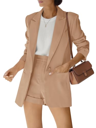 Fisoew Women's 2 Piece Open Front Long Sleeve Blazer and Solid Short Pants Suit Sets Light Khaki
