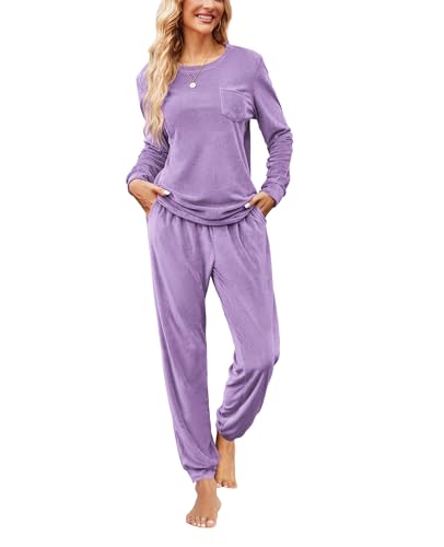 Ekouaer Womens Pajamas Sets Long Sleeve Soft Sleepwear 2 Piece Velvet Pjs Lounge Sets with Pockets Purple