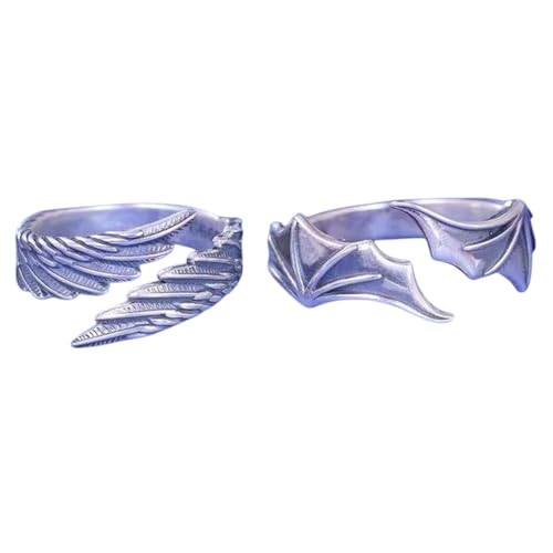 KIWEIANROA 2 Pcs/Set Punk Angel Demon Wing Couples Rings For Women Retro Silver Color Feather Open Ring Wedding Jewelry Valentine's Gift
