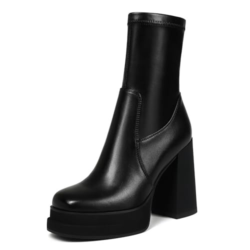 Wetviro Women's Platform Ankle Boots Chunky High Heel Square Toe Stretch Short Gogo Combat Boots Booties for Women (not for wide calf)