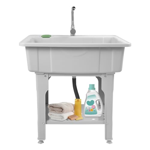 LyeXD 31.5" Utility Sink Laundry Tub for Laundry Room, Freestanding Plastic Laundry Sink w/Washboard, Portable Wash Bowl Basin w/Cold and Hot Water Faucet for Laundry Room,Garden, Gray