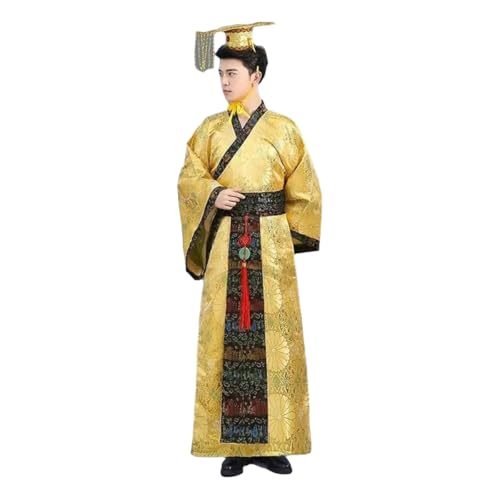 Lazutom Men Ancient Chinese Hanfu Dress Ancient Chinese Han Dynasty Emperor Costumes Halloween Cosplay Stage Costume (Yellow, M)