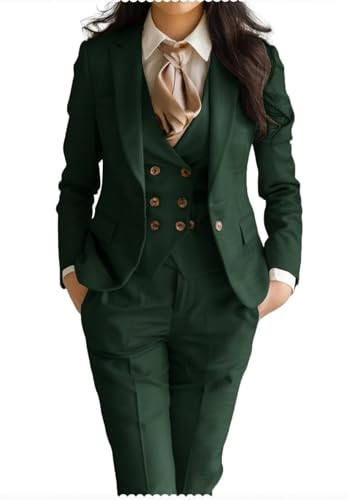 Womens 3 Pieces Business Work Suit Set Formal Blazer Vest Pants for Office Lady Green