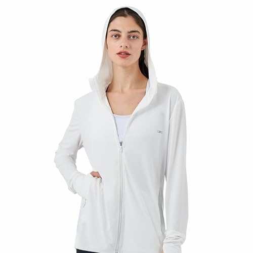 White Jacket Women - UPF Above 50+ Sun Protection Hoodie Long Sleeve Hooded Active Shirts - L