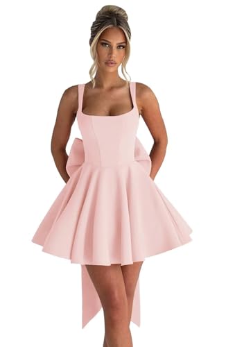 Plakend Corset Homecoming Dresses Mini Short Party Dress with Bow for Photoshoot A-Line Satin Prom Dress Blush Pink Size 6