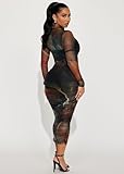 MOEENCN Women's Sexy Bodycon Midi Dress Long Sleeve Ruched Sheer Mesh See Through Printed Crew Neck Party Club Dressse