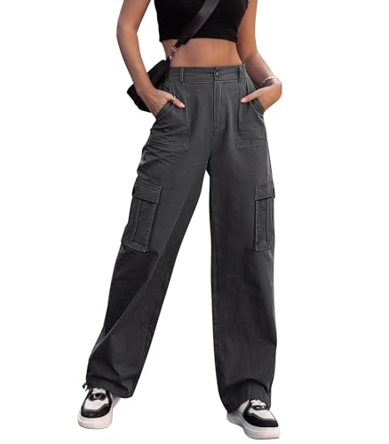 ZMPSIISA Women High Waisted Cargo Pants Wide Leg Casual Pants 6 Pockets Combat Military Trousers(Grey,Medium)