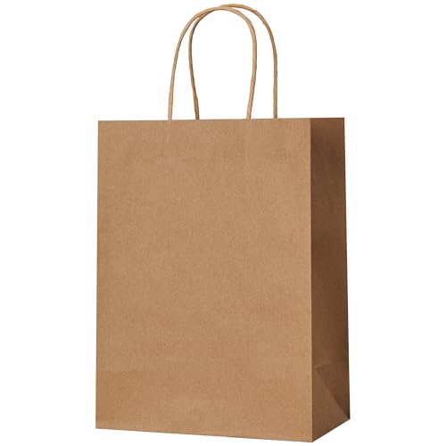 METAPRINT Brown Paper Gift Bags with Handles in Bulk, 100pcs Kraft Paper Bags 8x4.5x10.8 inch, Recyclable Shopping Bags for Retail, Grocery, Party Favors, Wedding