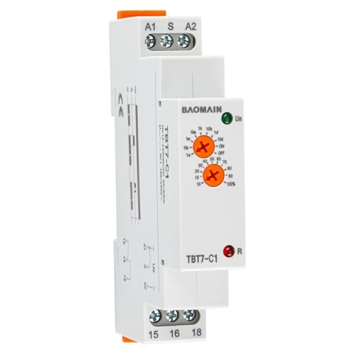 Baomain Multi-Function Time Relay, 16A Delay Off SPDT, DIN Rail Mounting Timer Relay TBT7-C1 (1-SPDT, 12-240VAC/DC)