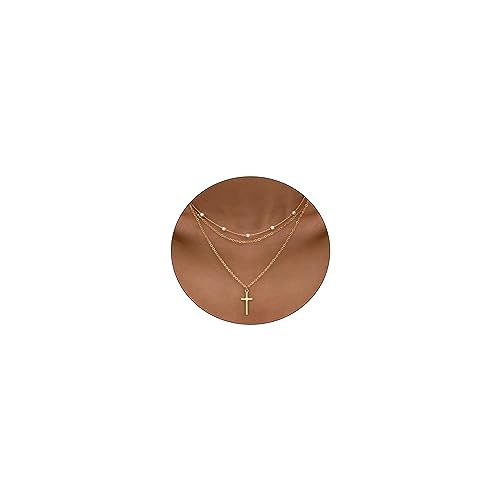 Tasiso Cross Necklace for Women 14K Gold Plated Dainty Cross Layered Pearl Choker Standard Gold Cross Necklace Minimalist Trendy Jewelry Gifts