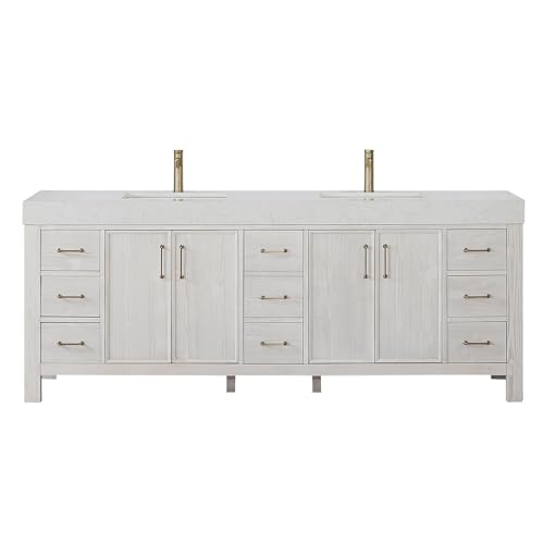 Miseno MV-NM-LEON84-LWT León 84" Free Standing Double Basin Vanity Set with Cabinet and Composite Stone Vanity Top - Washed White