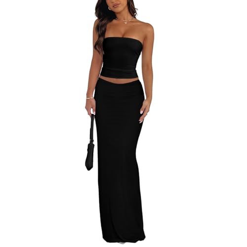 Goafuliy Two Piece Sets for Women Going Out, Strapless Crop Tops and Sexy Long Skirt Set Summer Vacation Outfits Black XS