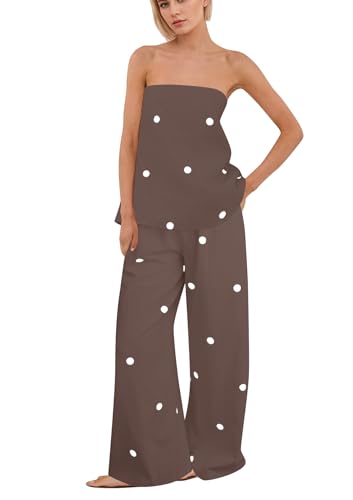 calbatic Women Polka Dot 2 Piece Outfits Spot Strapless Tube Top High Waist Wide Leg Pants Summer Lounge Set