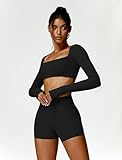 ABOCIW Workout Sets for Women 2 Piece Square Neck Long Sleeve Crop Tops High Waist Biker Shorts Gym Sets Black Small