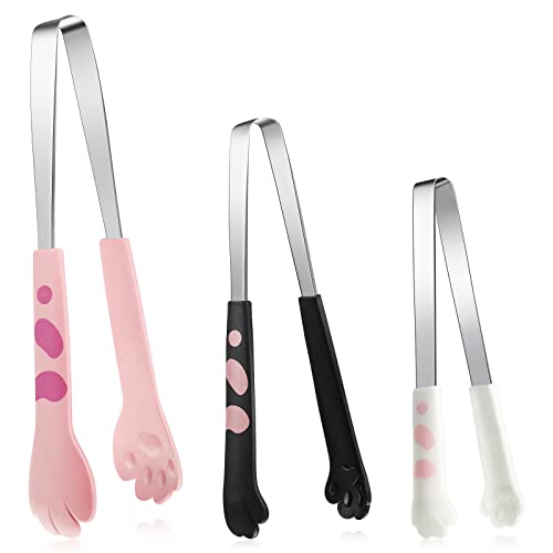 Mimorou 3 Pcs Cat Paw Tongs Kawaii Food Stainless Steel Kitchen Tongs Cute Kitchen Accessories Gift for Cooking Toast, Bagels Barbecue and More, 3 Size(Pink, White, Black)