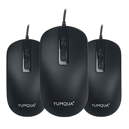 YUMQUA SB101 Computer Mouse Wired 3 Pack, Office Noiseless Slim USB Optical Corded Mouse for Laptop Chromebook PC Home Notebook