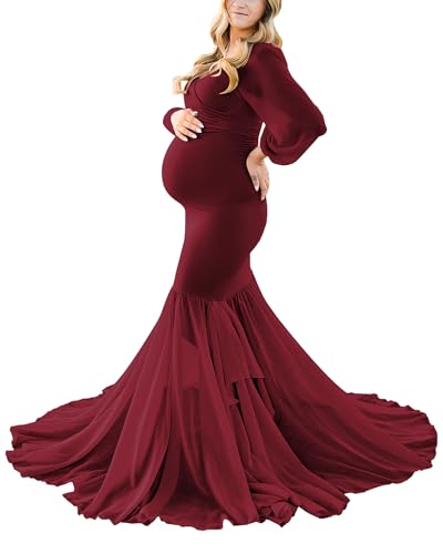 Saslax Long Chiffon Sleeve Tired Mermaid Maternity Dress for Photoshoot Photography Baby Shower Burgundy 12 Medium