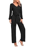 AUXDIO Black Long Sleeve Jumpsuits for Women Gorgeous Loose V Neck Belted Wedding Guest Wide Leg Pant Fall Romper Black XL