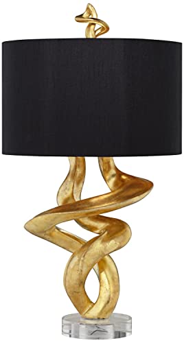 kathy ireland Impressions 33" Tall Sculpture Base Large Modern Luxury End Table Lamp Gold Leaf Finish Single Black Shade Living Room Bedroom Bedside Nightstand House Office Home Reading Kitchen