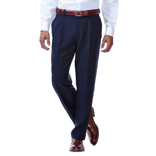 Haggar mens Eclo Stria Expandable-waist Pleat-front dress pants, Navy, 40W x 32L US