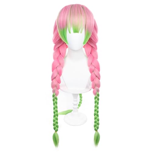 ZGNGLIZ Anime Cosplay Wig Long Pink and Green Synthetic Braided Hair for Halloween Costume Party with Free Wig Cap, 90cm /35.4inch