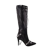 onlymaker Women's Fringed Knee High Boots Stiletto High Heel Zipper Rivets Metallic Pointed Toe Bootie Fashion Dressy Party Black Size 7