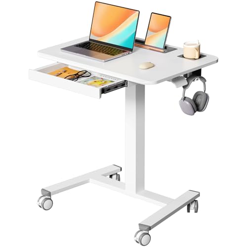 JYLH JOYSEEKER Mobile Standing Desk with Drawer, 28" Rolling Desk with Cup Holder and Hooks, Portable Laptop Cart on Wheels, Height Adjustable Workstation with Storage for Home Office, White