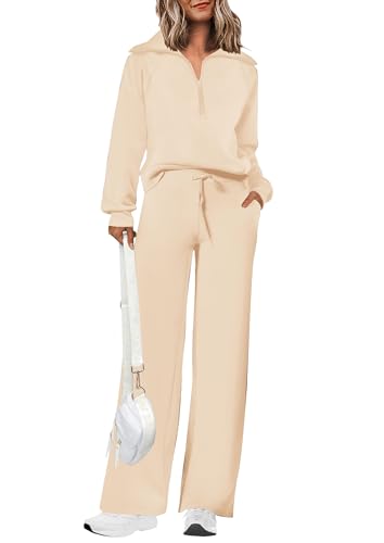 PRETTYGARDEN Women's Fall Two Piece Outfits Half Zip Sweatshirt Tops And Palazzo Pants Sweatsuit Sets (Beige,Small)