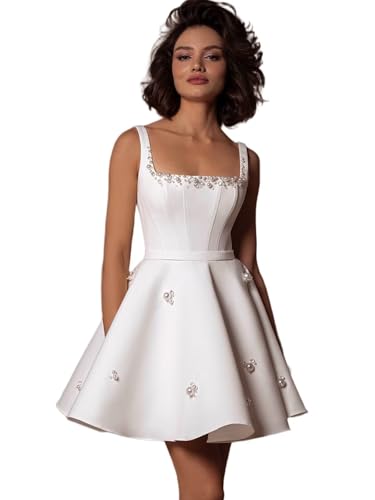zikusel A-Line Pearls Wedding Dress for Bride White Satin Spaghetti Strap Square Neck Short Bridal Gowns Sleeveless Mini Women’s Betrothal Church Lacing Up Corset Dress