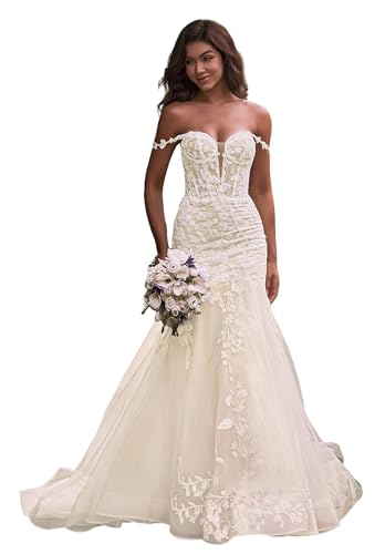 Lqdyrt Off Shoulder Mermaid Wedding Dress Elegant Lace Applique Sweetheart Neck Tulle Champagne Bridal Gowns for Bride with Train US12