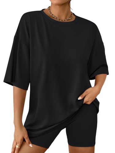 AUTOMET Plus Size Womens Clothing Summer Fahsion Two Piece Sets Summer Outfits 2025 2 Piece Lounge Set Matching Clothing Oversized Tshirts Biker Short Fashion Black XXL