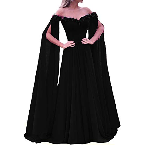 Floral Off The Shoulder Goddess Long Sleeves Cape Prom Evening Dress Black US 16