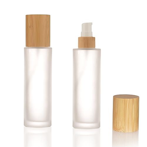 COSIDEA 4pcs Empty 3.33oz / 100ml bamboo lids Frosted glass bottle with lotion pump dispenser, refillable emulsion cosmetic cream bottles, toiletries refill travel container 20 neck