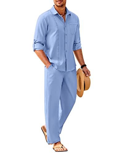 COOFANDY Mens Coordinated Outfit Linen Suits s Guayabera Shirts and Drawstring Waist Pants Sets Casual Beach Linen Sets, Light Blue, Medium