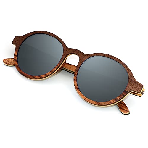 ANDWOOD Wood Sunglasses Polarized for Men Women UV Protection Wooden Sun Glasses Bamboo Shades Round Black Handmade