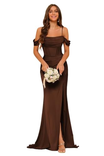 PUXIU Satin Cold Shoulder Bridesmaid Dresses with Slit Cowl Neck Pleated Mermaid Long Formal Gown Prom Dress for Women Brown US4