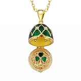 BSHY Faberge Easter Egg Necklace for Women Clover Locket Lucky Pendant Necklaces Chain 18+2 Inches (Clover, Green, Little 0.85x0.6inches)