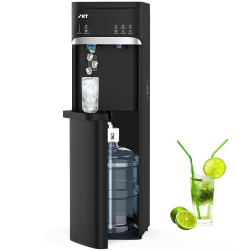 IKT Self-Cleaning Water Cooler Dispenser Built-in Ice Maker Bottom Load for 3-5 Gallon Bottle 3 Temperature with Child Safety Lock and Removable Drip Tray 22lbs Within 24hrs Black