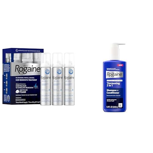 Rogaine for Men 5% Minoxidil Foam for Hair Regrowth, Topical Hair Loss Treatment, 3 Month Supply, 3 Bottles + Rogaine for Men Thickening 2 in 1 Shampoo + Conditioner, Not Minoxidil, 8.4 fl. Oz