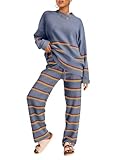 LILLUSORY 2 Piece Sets for Women 2025 Two Piece Lounge Sets Fall Fashion Oversized Striped Knit Sweaters Outfits Clothes StripesDustyBlue XL